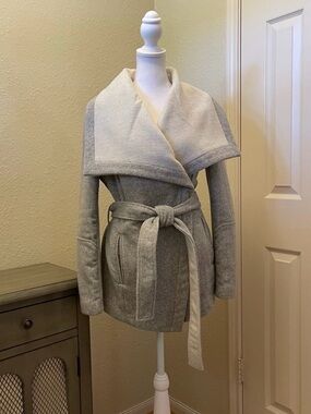 BCBGeneration Wool Blend Grey Wrap Coat Cream Shawl Collar Belted Jacket Coat S